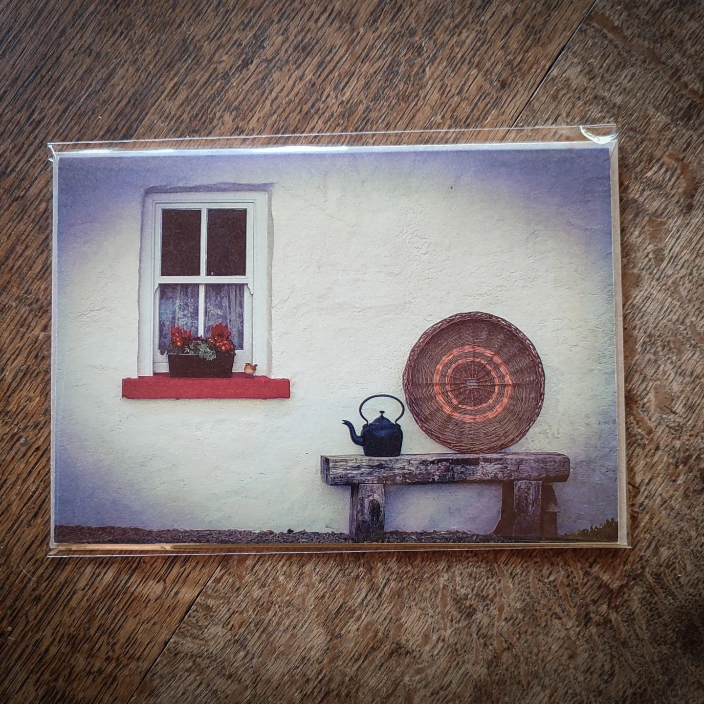 A5 Greetings Card, Traditional Irish cottage and Traditional Irish Willow Basket.